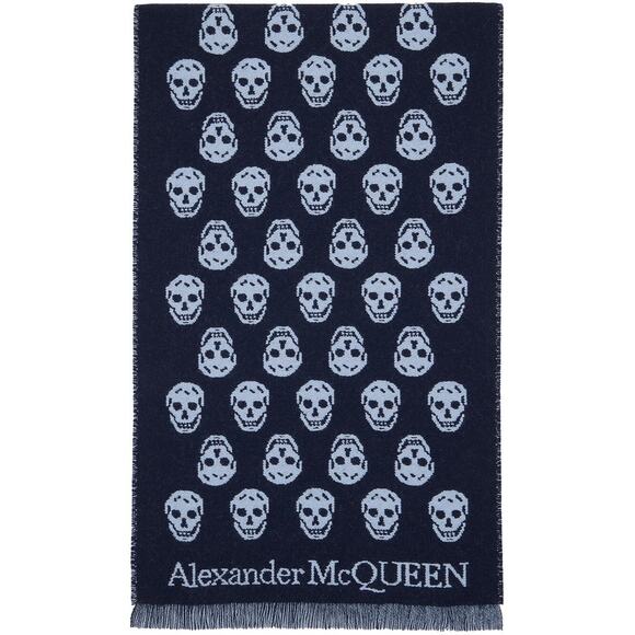 NWT Alexander McQueen Reversible Skull Wool Biker scarf Navy Blue - Picture 1 of 8